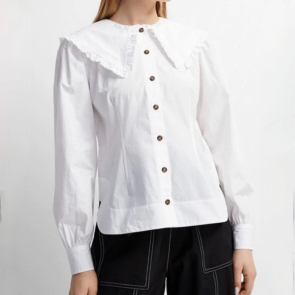 GANNI Cotton Poplin Ruffle Peter Pan Collar Button-Up Shirt - White - Size 6/38